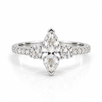 Small polished silver marquise three-stone engagement ring with pavé band