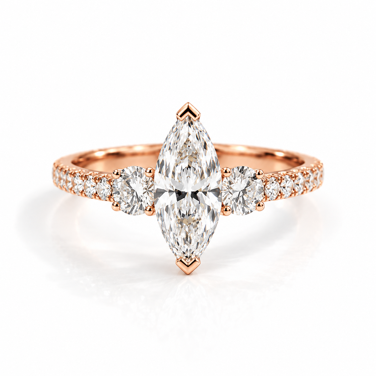 Small 18K rose gold vermeil marquise three-stone engagement ring with pavé band