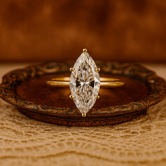 Women's Wedding Bands Marquise Cut Moissanite Solitaire Yellow Gold Ring With Elegant Classic Design