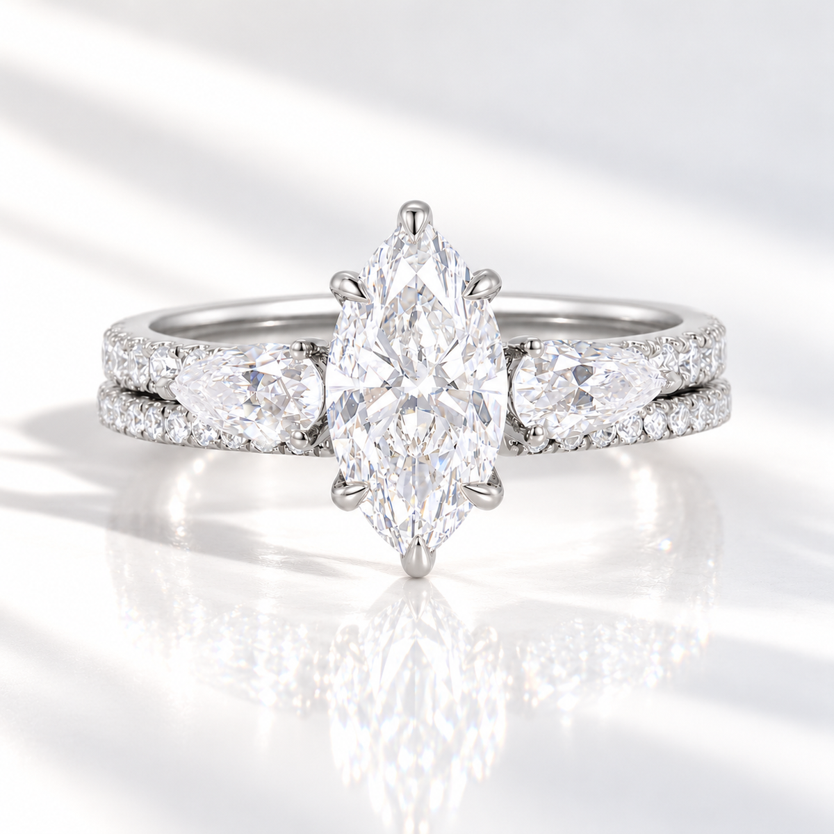 Marquise cut clear ring stone with bright sparkle and an elongated pointed shape in a six-prong setting