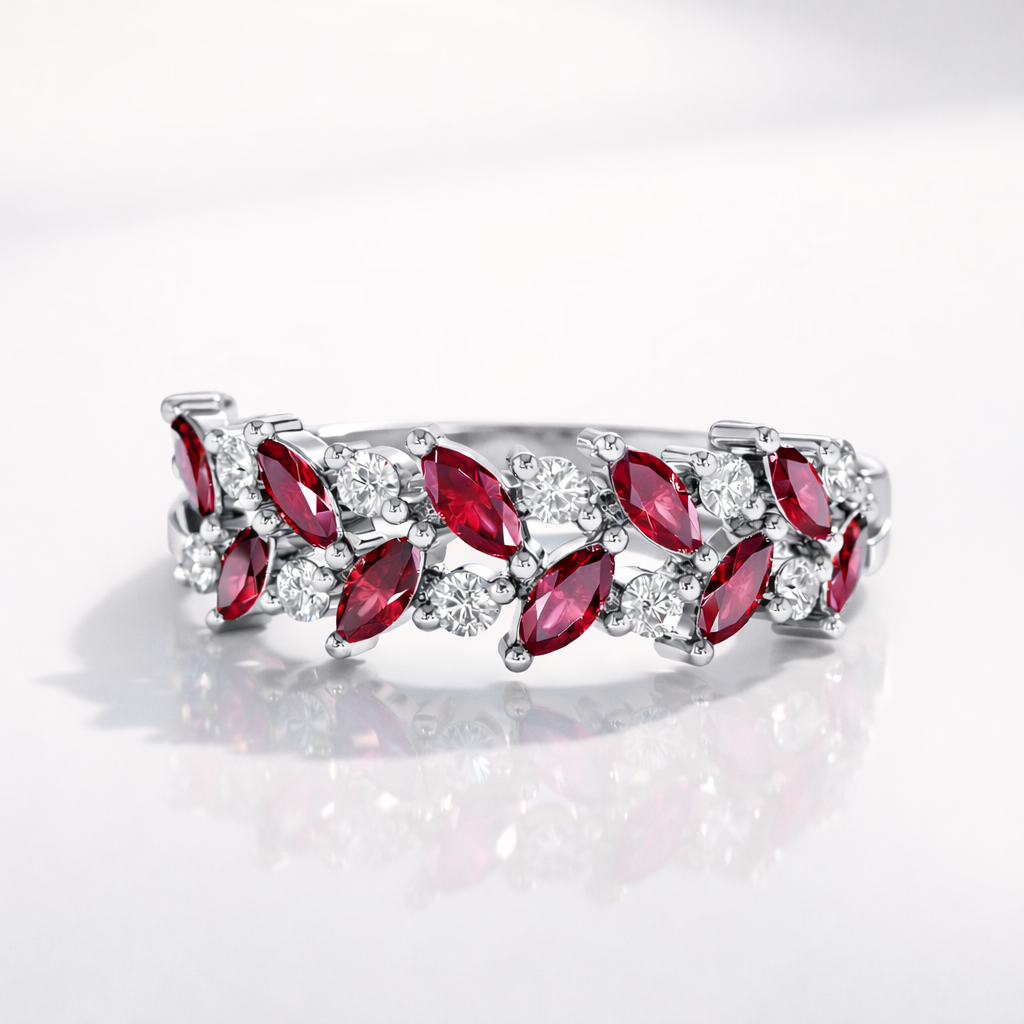 Ruby And Diamond Wedding Band With Marquise Stones
