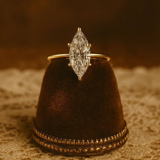 Women's Engagement Ring Featuring A Marquise Cut Moissanite Stone, Elegant Gold Band For Brides And Anniversary Gift.