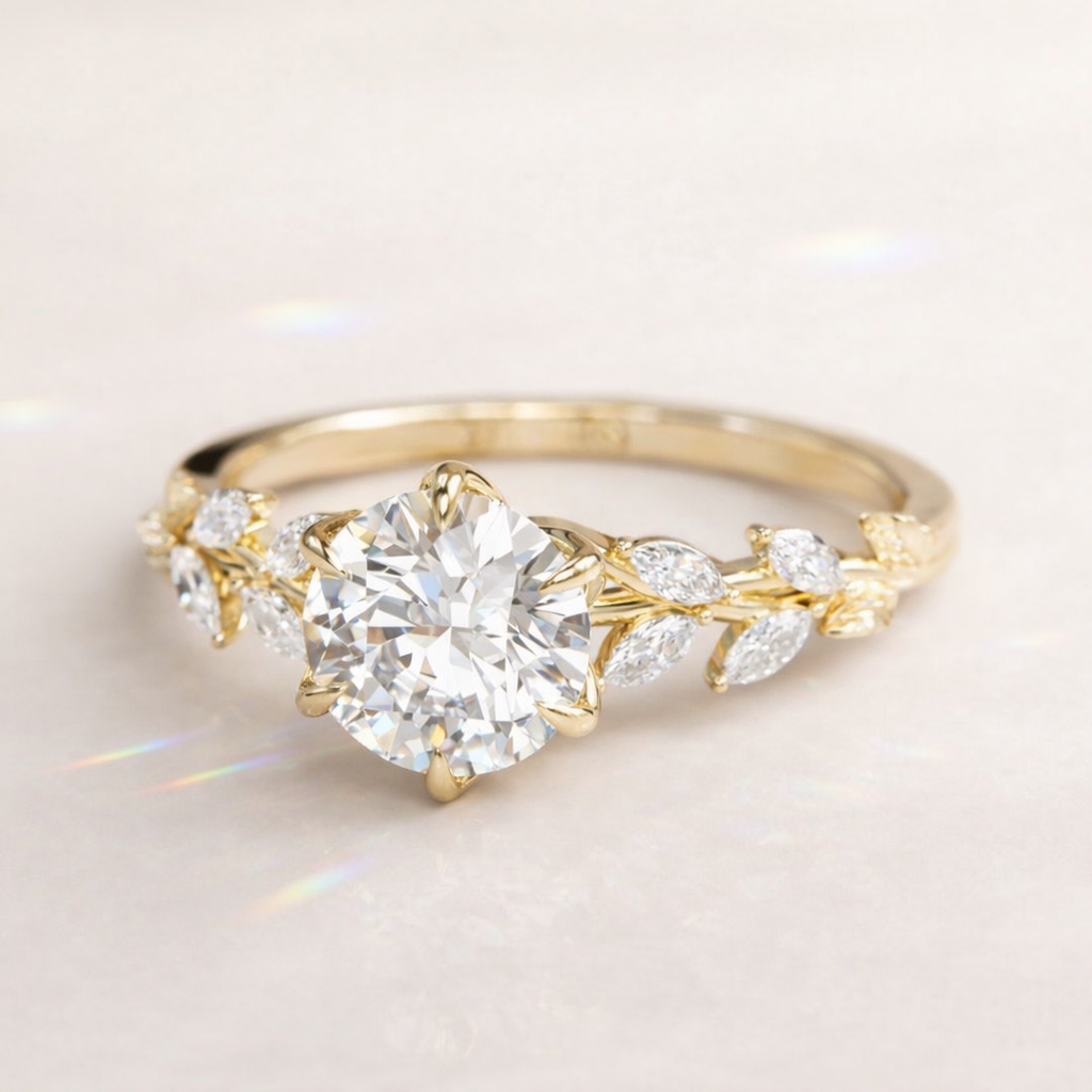 Nature Inspired Engagement Ring With Round Cut Center Stone And Marquise Side Diamonds
