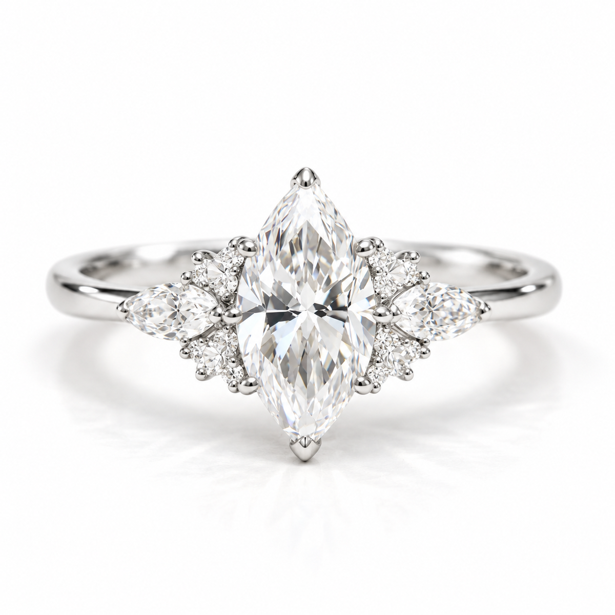 Marquise Cut Diamond Engagement Ring in Silver with Pear Shaped and Round Diamond Side Stones