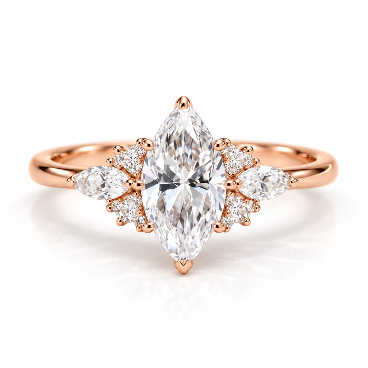 Marquise Cut Diamond Engagement Ring in 18K Rose Gold Vermeil with Pear Shaped and Round Diamond Side Stones