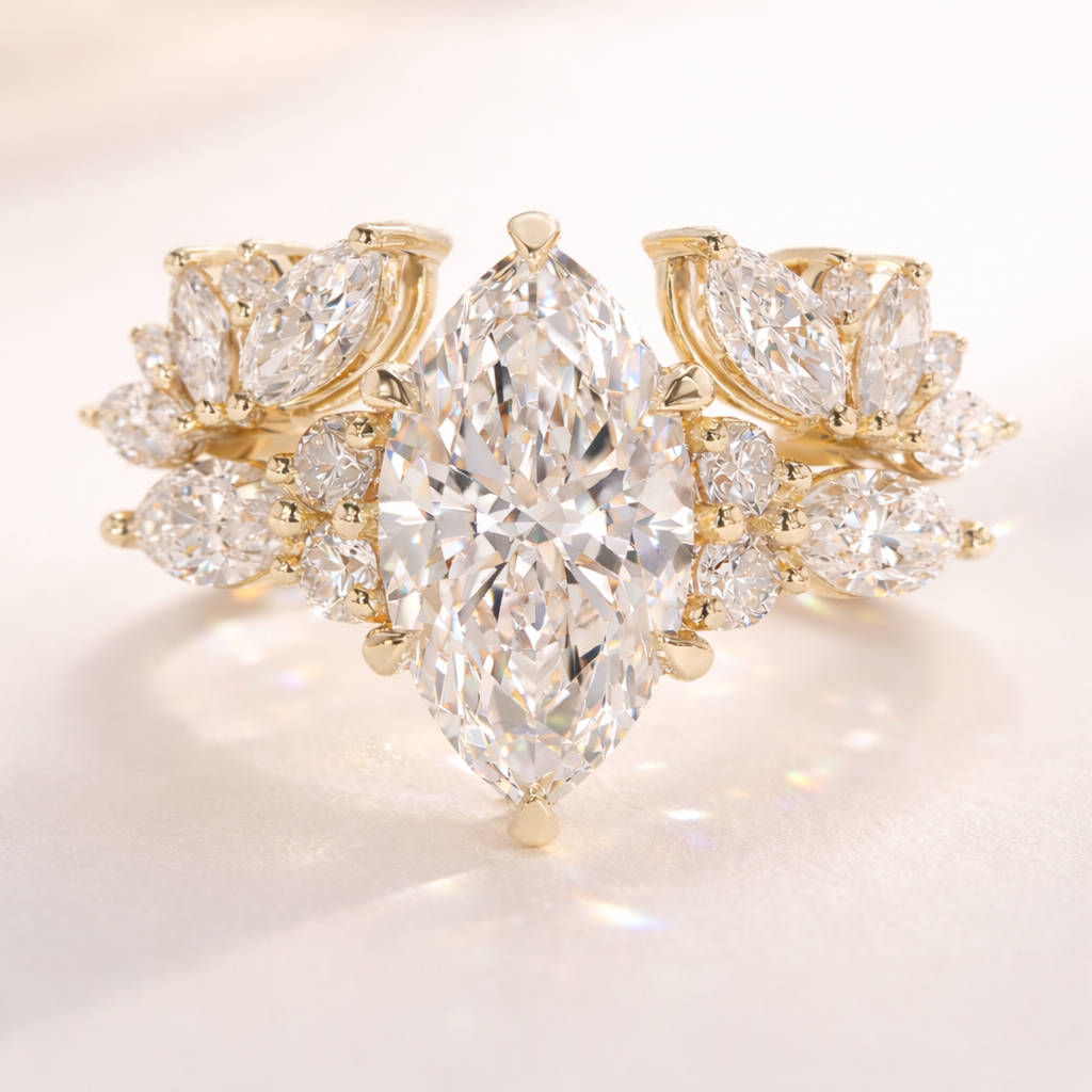 Marquise Moissanite Engagement Ring With Matching Wedding Band Yellow Gold

