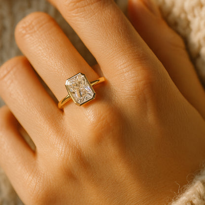 Birthstone Sep Emerald Cut Moissanite Solitaire 10K Rose Gold Bezel Rings