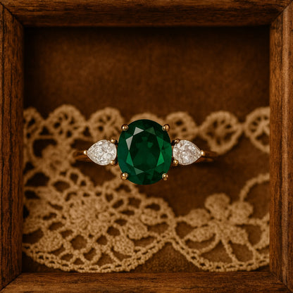 Green Oval & Pear Gemstone May Birthstone Ring, Fine Jewelry With Elegant Setting In White, Yellow Or Rose Gold