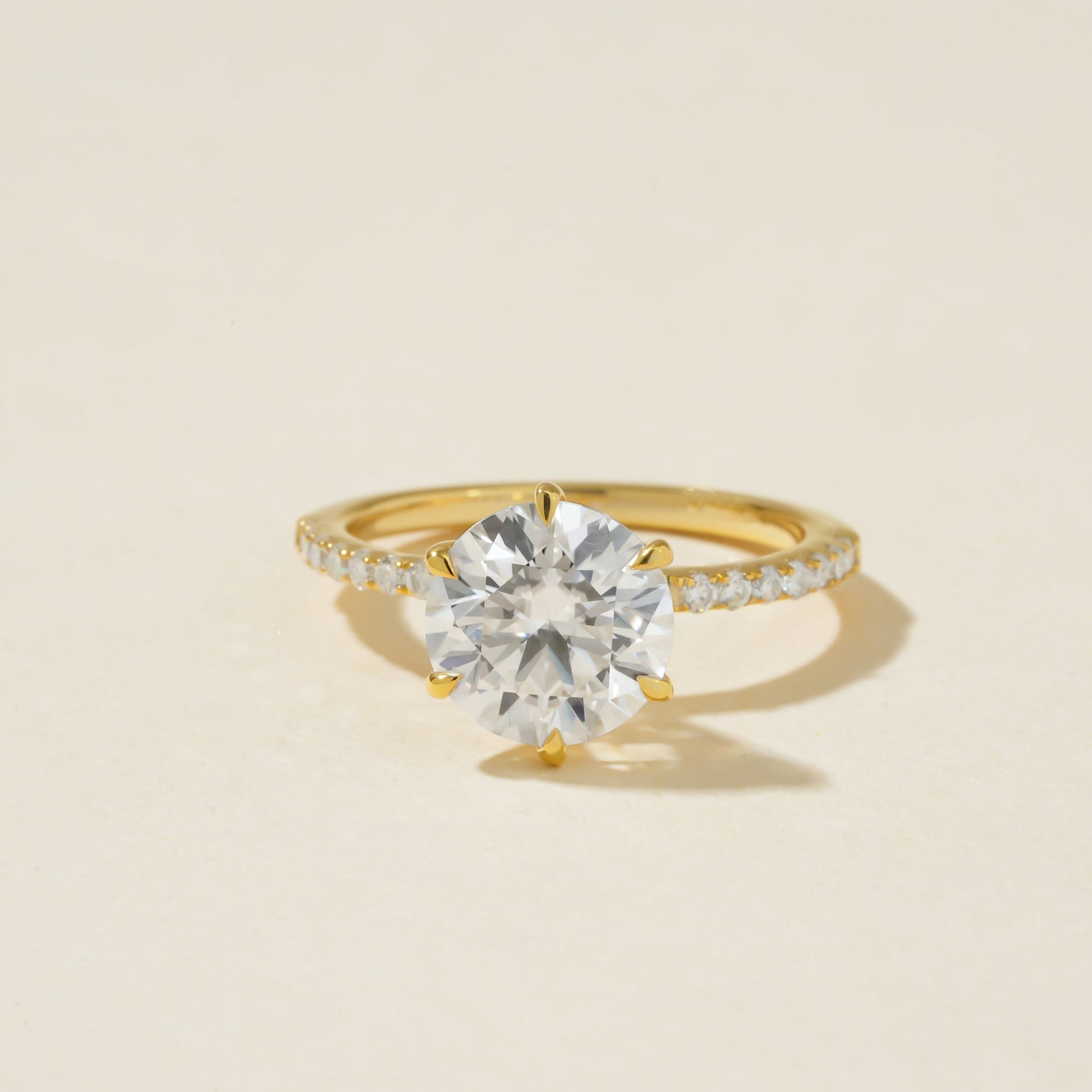 Pave Band Moissanite Ring, Round Cut 1.5 Ct 10K Yellow Gold Engagement Fine Jewelry