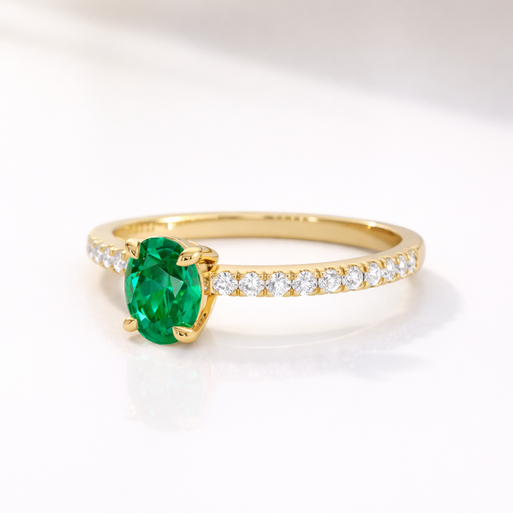 Pave Diamond Band Emerald Ring
