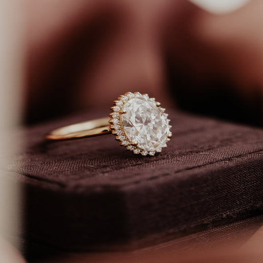Moissanite Oval Cut Halo Ring, 14K Gold Engagement Fine Jewelry With Elegant Setting