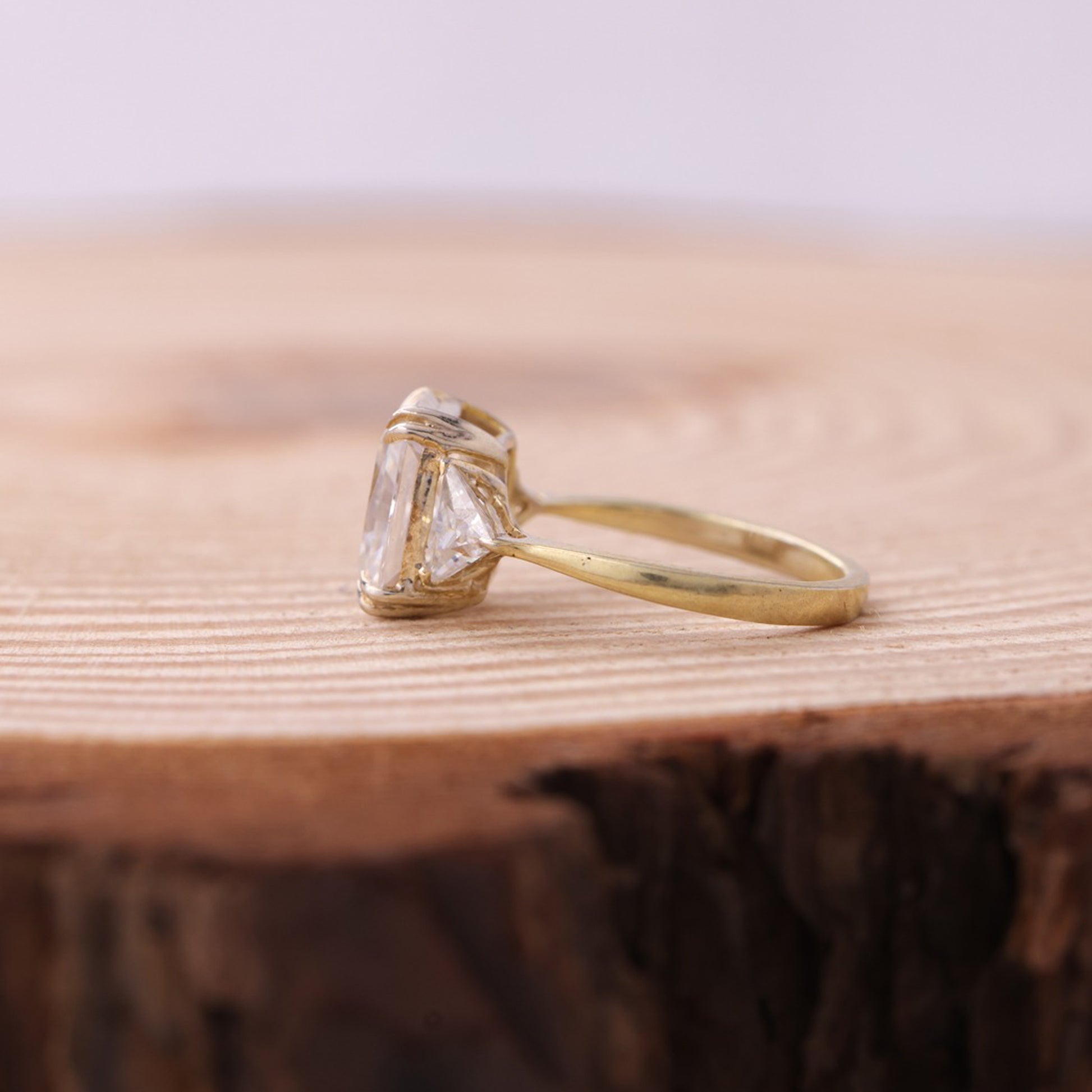 Elegant Cushion Moissanite Ring, Trilogy Yellow Gold Engagement Fine Jewelry