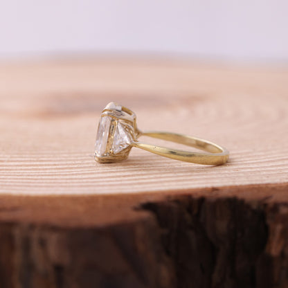 Elegant Cushion Moissanite Ring, Trilogy Yellow Gold Engagement Fine Jewelry