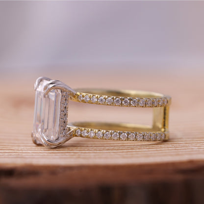 Moissanite Emerald Engagement Ring, Double Band Gold Fine Jewelry With Brilliance