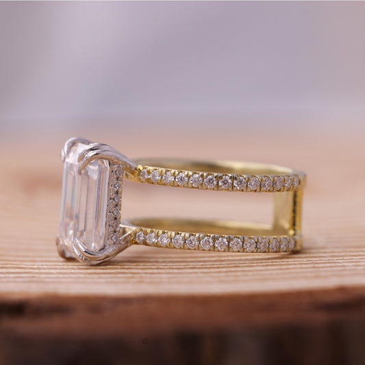 Moissanite Emerald Engagement Ring, Double Band Gold Fine Jewelry With Brilliance
