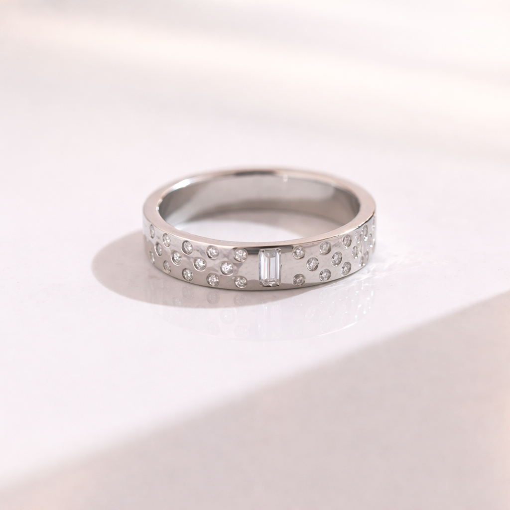 Mens Baguette Diamond Wedding Band With Round Cut Accents In White Gold
