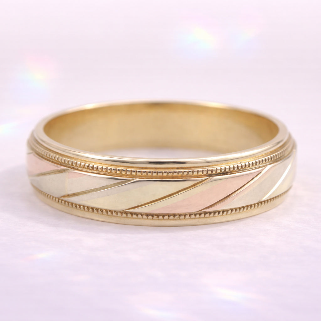 Men's Milgrain Wedding Band Tri-Color Gold Wedding Band Carved Wedding Band.
