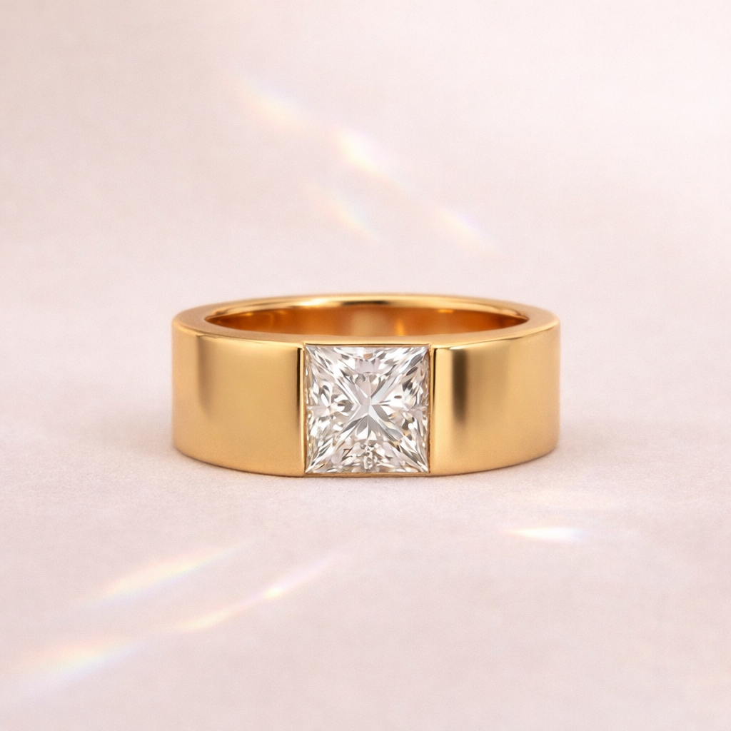 Mens Princess Cut Diamond Ring In Yellow Gold With Sculptural Ring Design
