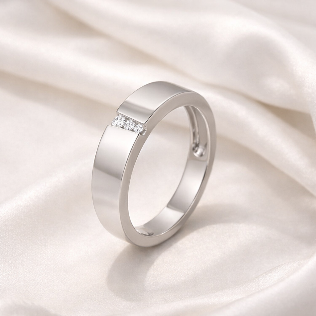 Mens Diamond Ring With Three Stone Design And Polished Silver Finish
