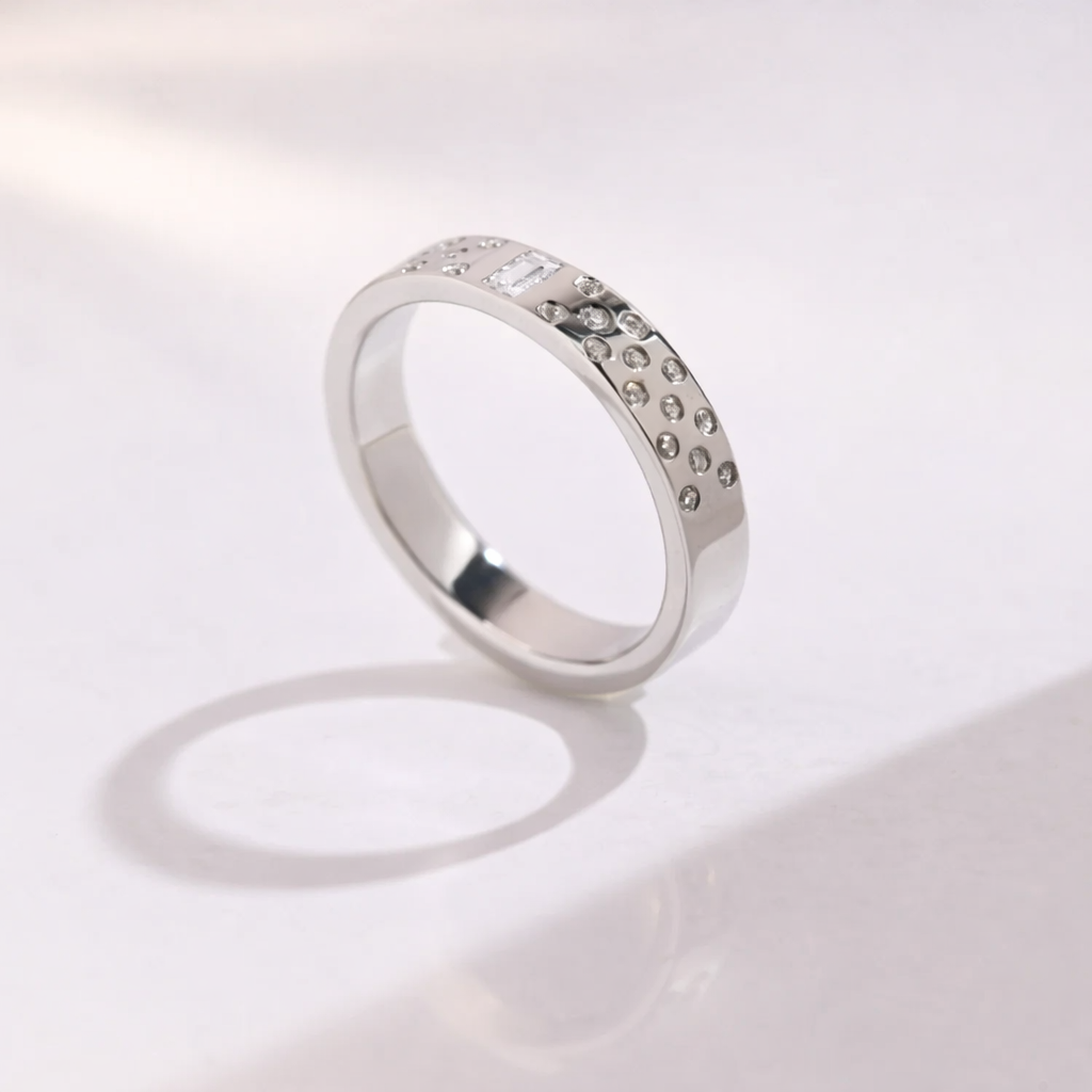 Moissanite Mens Baguette Diamond Wedding Band In Polished White Gold
