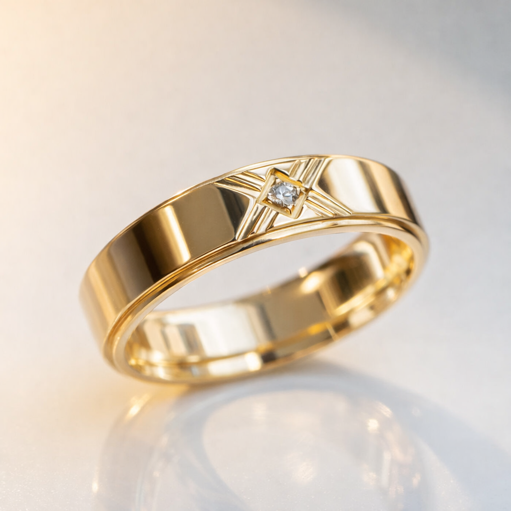 Mens Art Deco Wedding Band Round Cut Diamond Mens Band Yellow Gold Mens Band.
