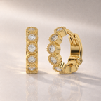 Huggie Hoop Earrings With Round Cut Diamond In Milgrain Halo Bezel Setting
