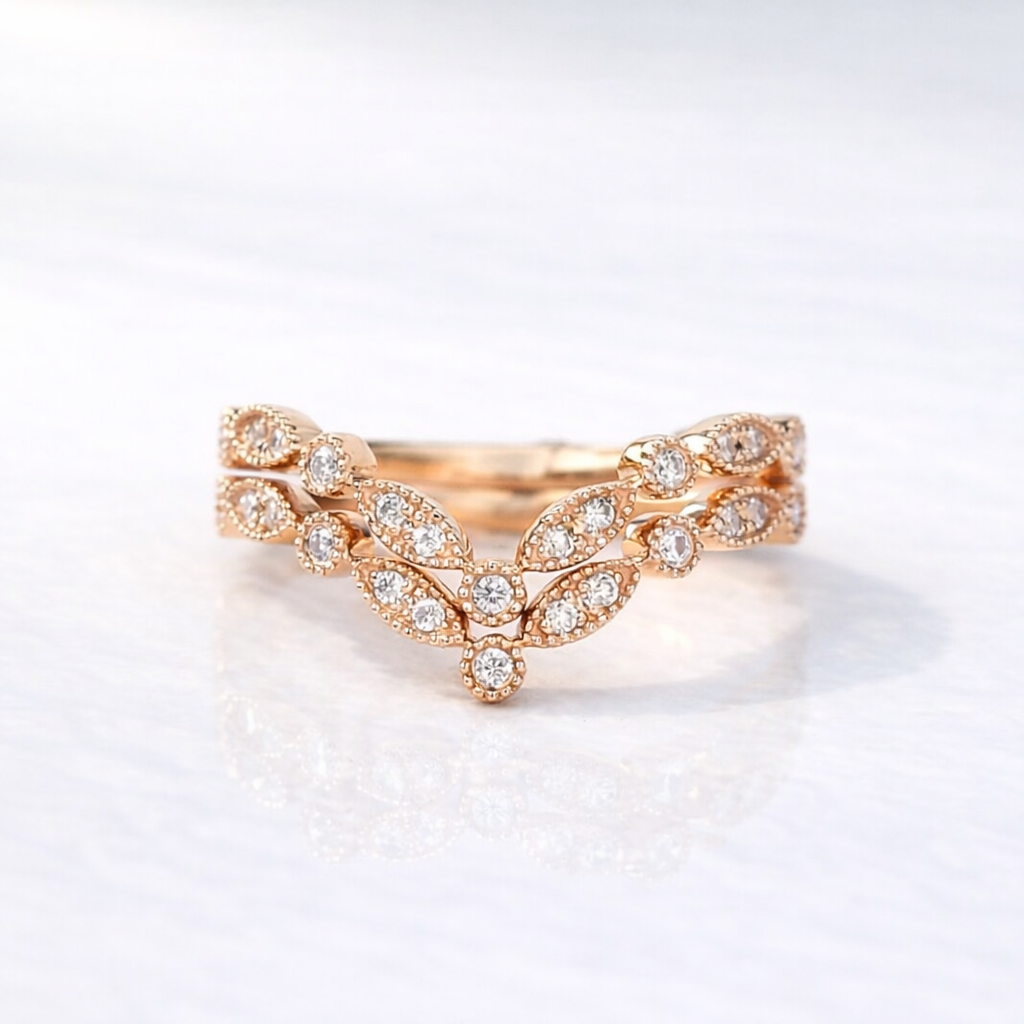 Double Curved Vintage Diamond Wedding Band In Rose Gold
