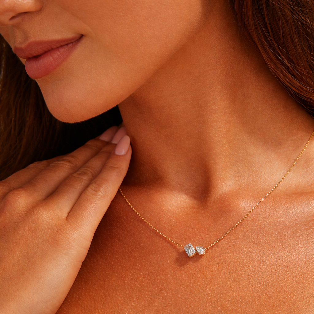 2 Stone Diamond Pendant Featuring Pear Cut Diamond Or Moissanite And Emerald Cut Diamond Or Moissanite
