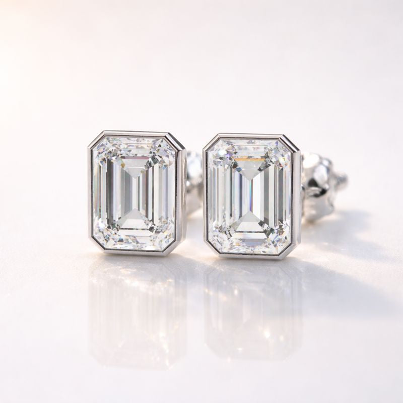 Emerald Cut Diamond Stud Earrings Bezel Set Diamond Earrings White Gold Earrings.
