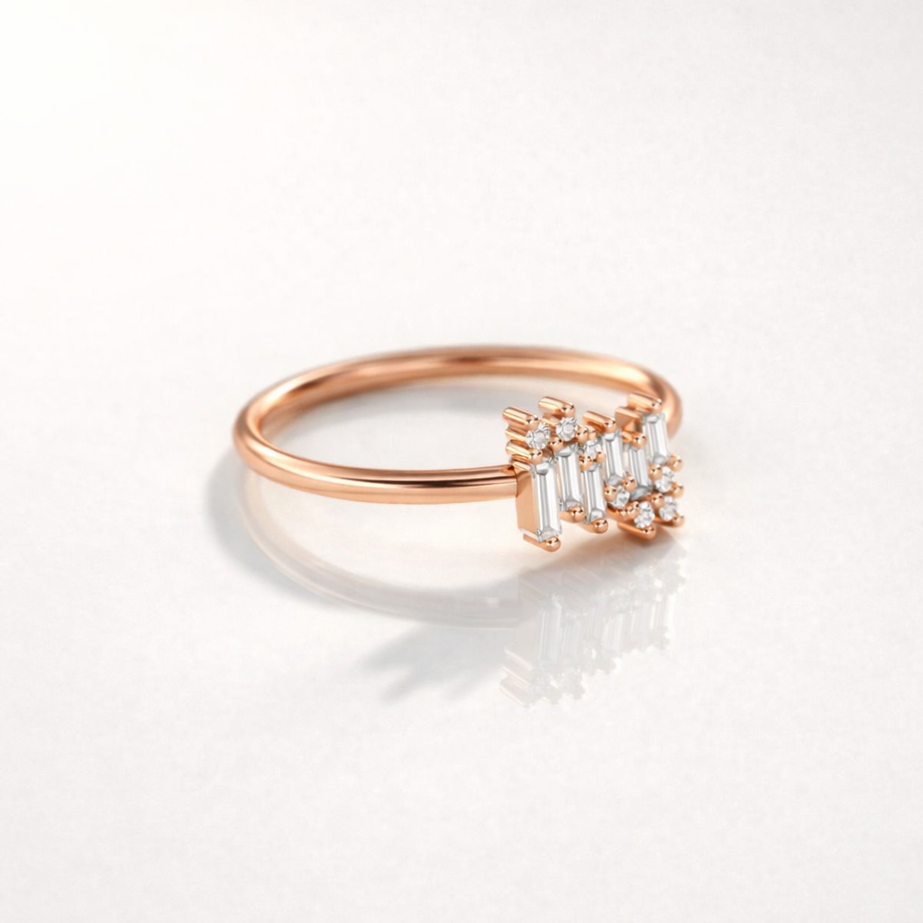 Round Cut Ring Baguette Diamond Ring Dainty Gold Jewelry.

