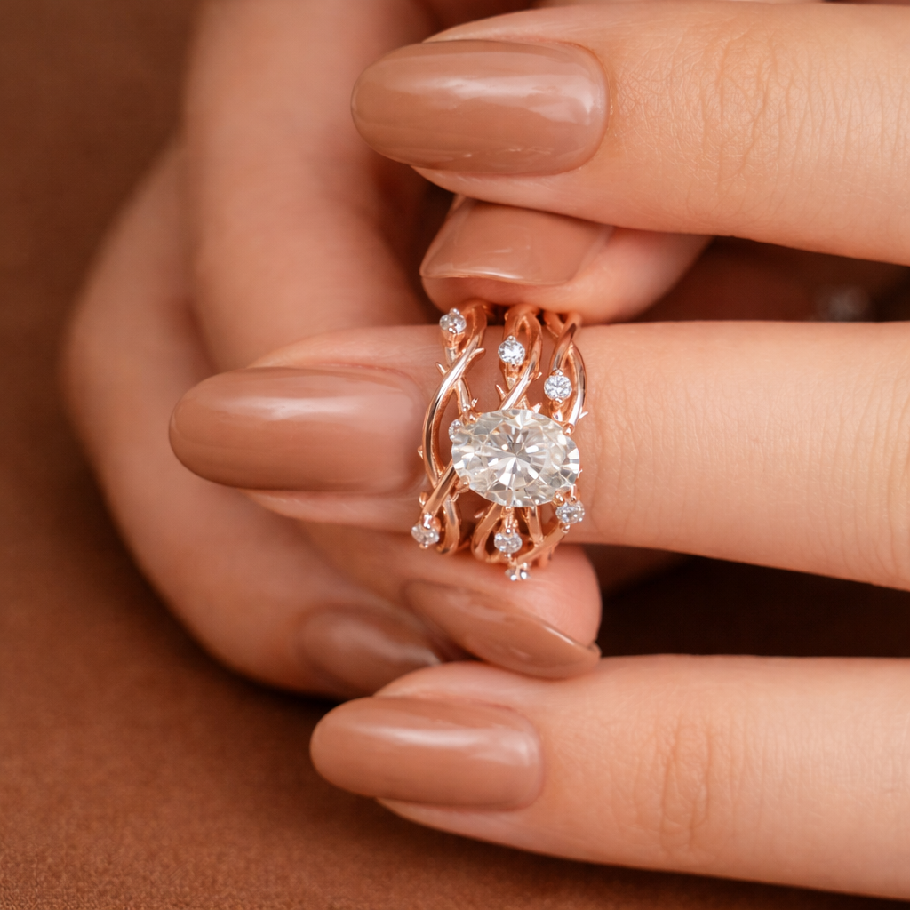 Rose Gold Infinity Twist Wedding Band With Dainty Round Cut Accent
