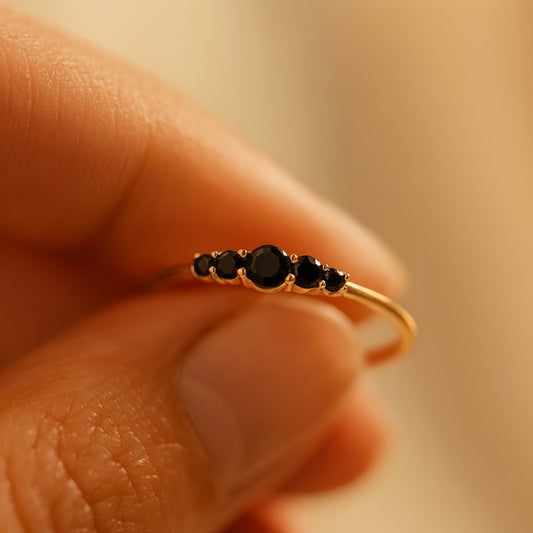 Minimalist Black Stacking Ring Featuring Five Moissanite Stones With Diamond-Like Sparkle, Perfect Promise Band For Women.