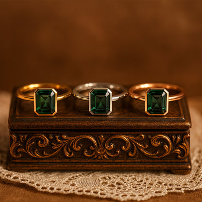 Emerald Cut Green Gemstone Rings In Yellow Gold, White Gold, And Rose Gold Settings