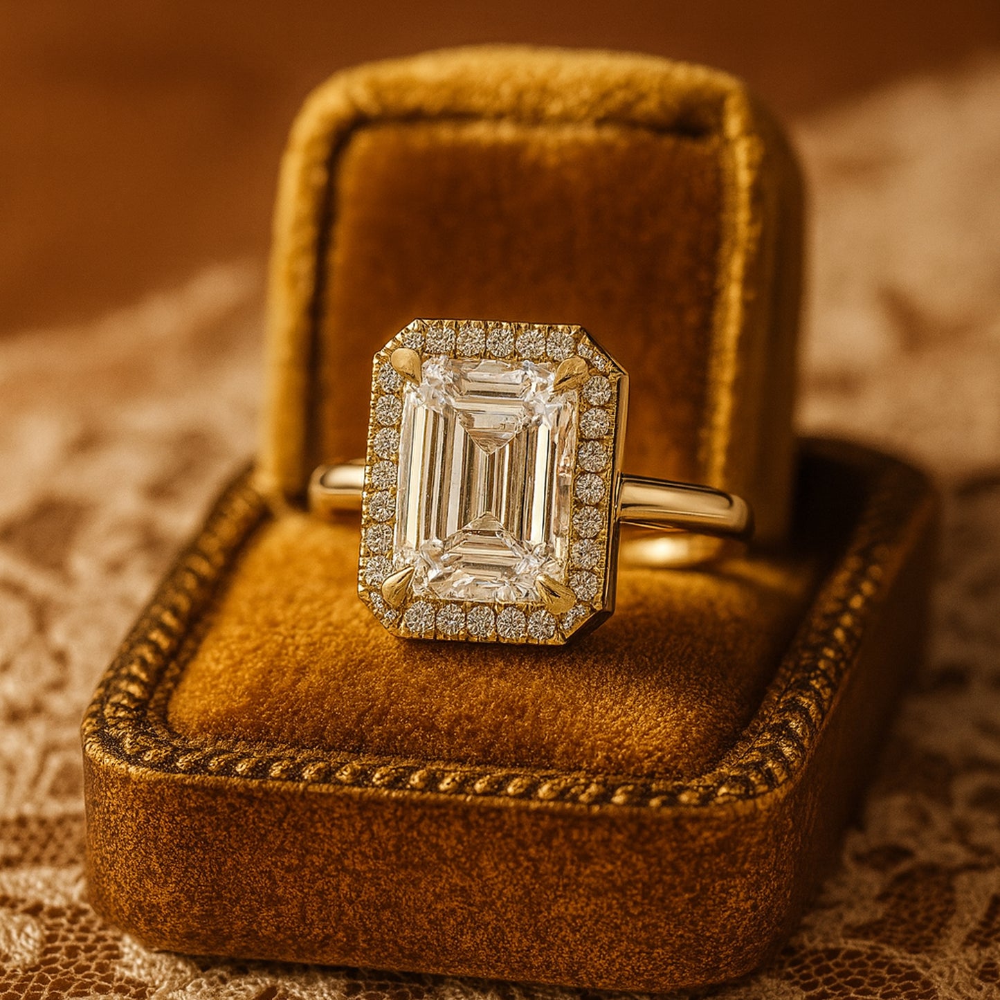 Vintage Style Emerald Cut Moissanite Engagement Ring With Halo And Pave Detailing In Gold