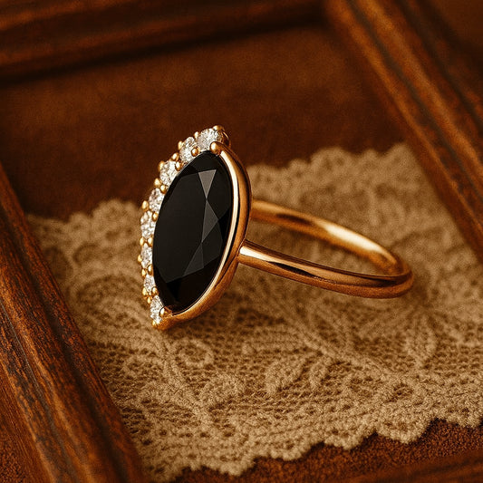 Trendy Gold Ring With Oval Black Onyx Chic Fine Jewelry for Women
