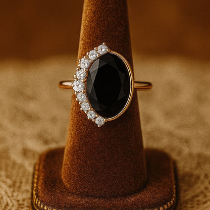 Trendy Gold Ring With Oval Black Onyx Chic Fine Jewelry for Women
