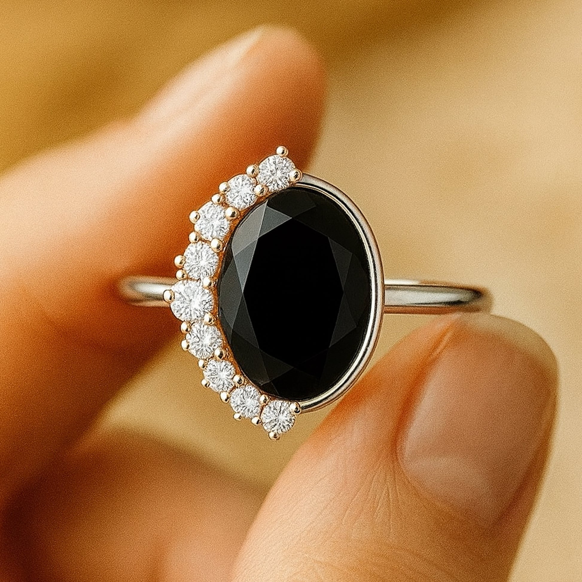 Trendy Gold Ring With Oval Black Onyx Chic Fine Jewelry for Women
