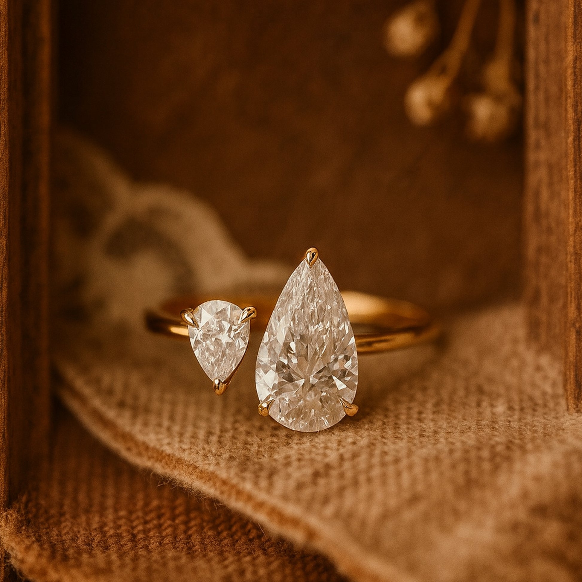 Luxury Toi Et Moi Ring Featuring Two Pear Cut Moissanite Stones In Dual Prong Setting With Elegant Diamond Inspired Brilliance