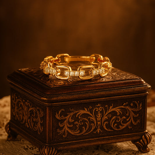 Luxury gold chain link ring with sparkling diamond accents
