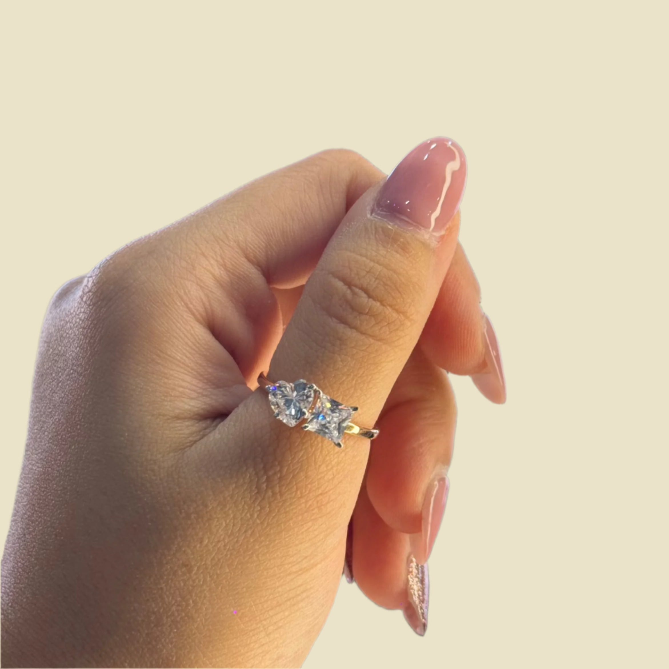Rose Gold Moi Et Toi Engagement Ring, Two Stone Heart And Princess Cut.
