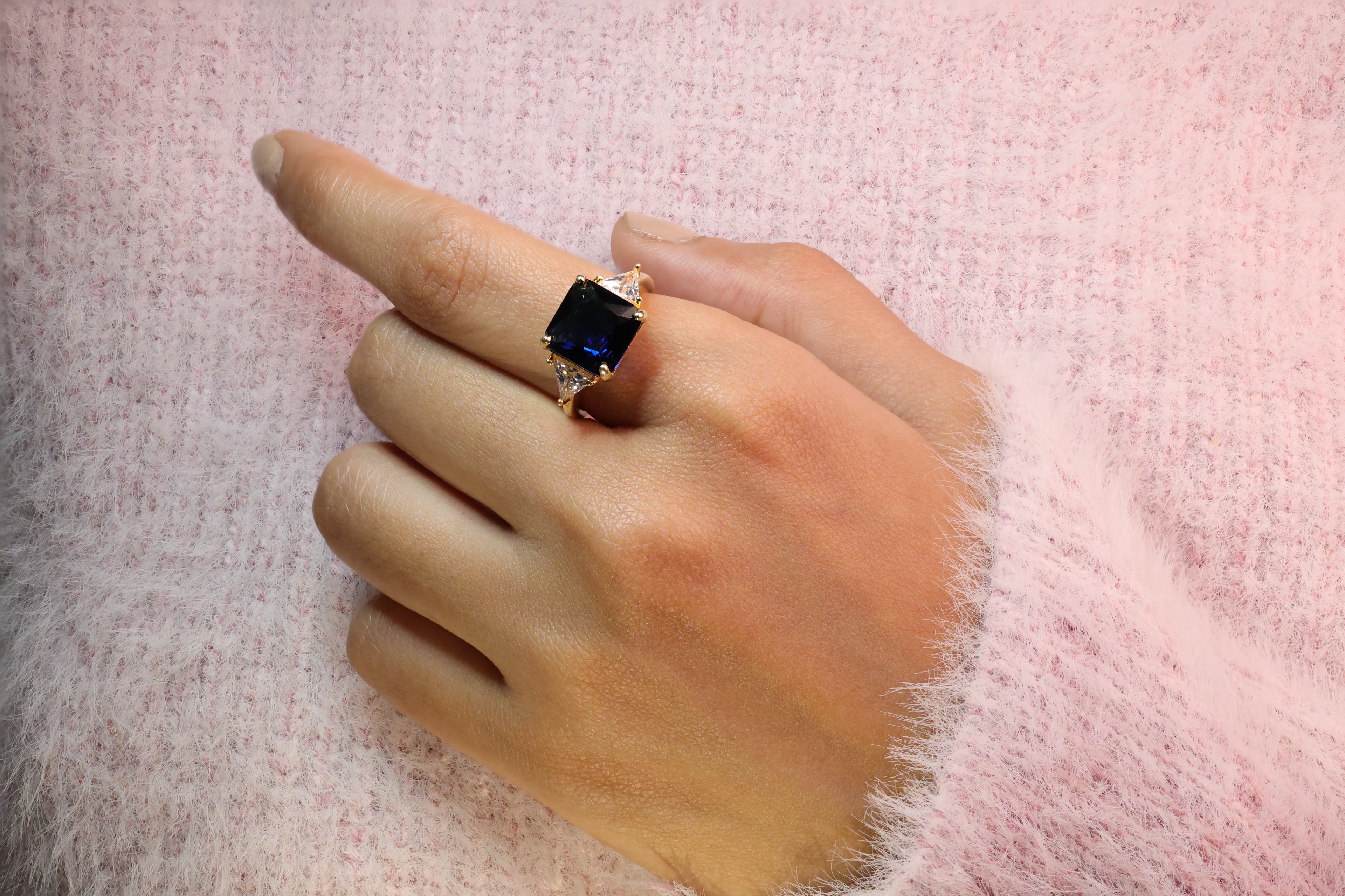 Trillion Side Stones 4 Round Prong Setting Moissanite Engagement Ring.