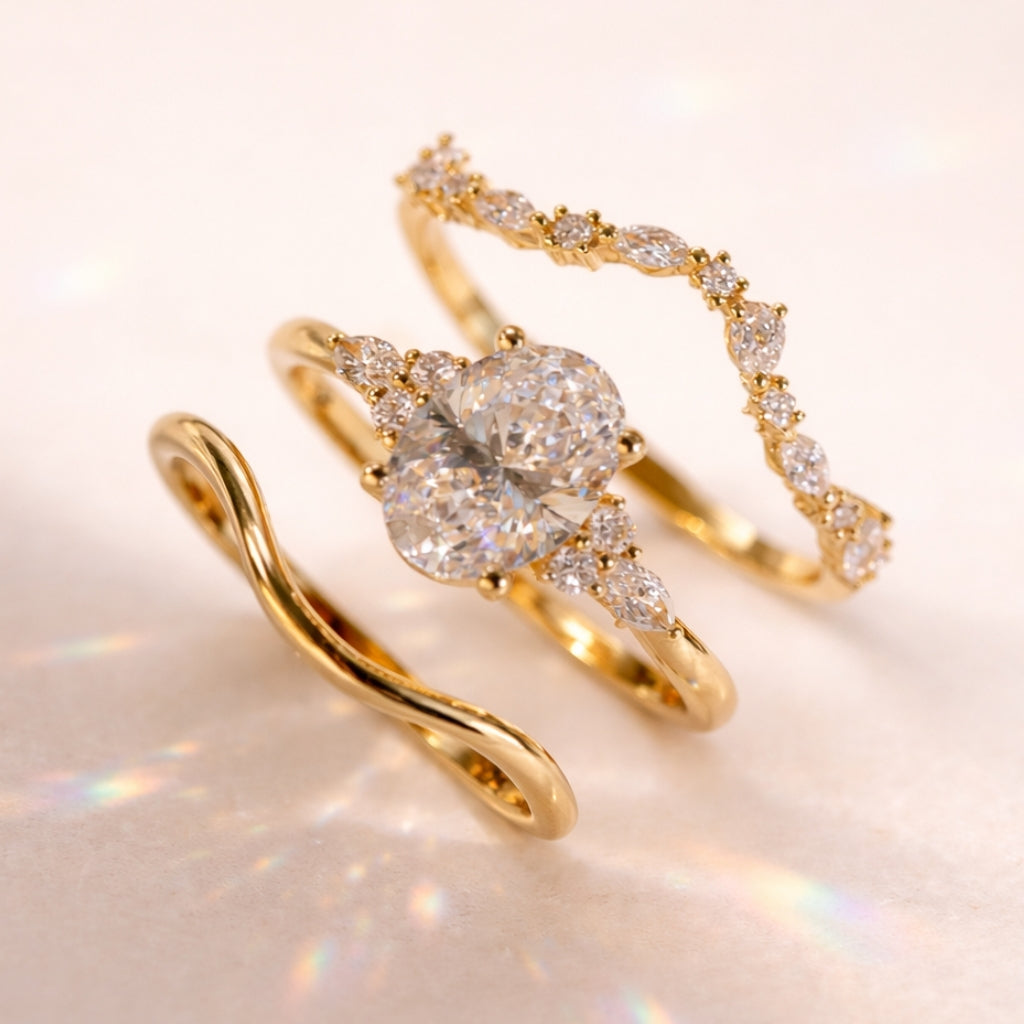 Yellow Gold Bridal Set Oval Engagement Ring With Wedding Band

