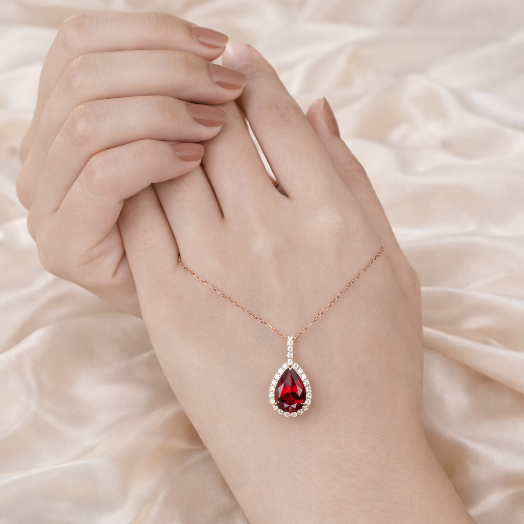 Pear Cut Halo Teardrop Pendant With Garnet Pendant Diamond Pendant Halo Rose Gold Halo Setting Custom Diiro Pendant
