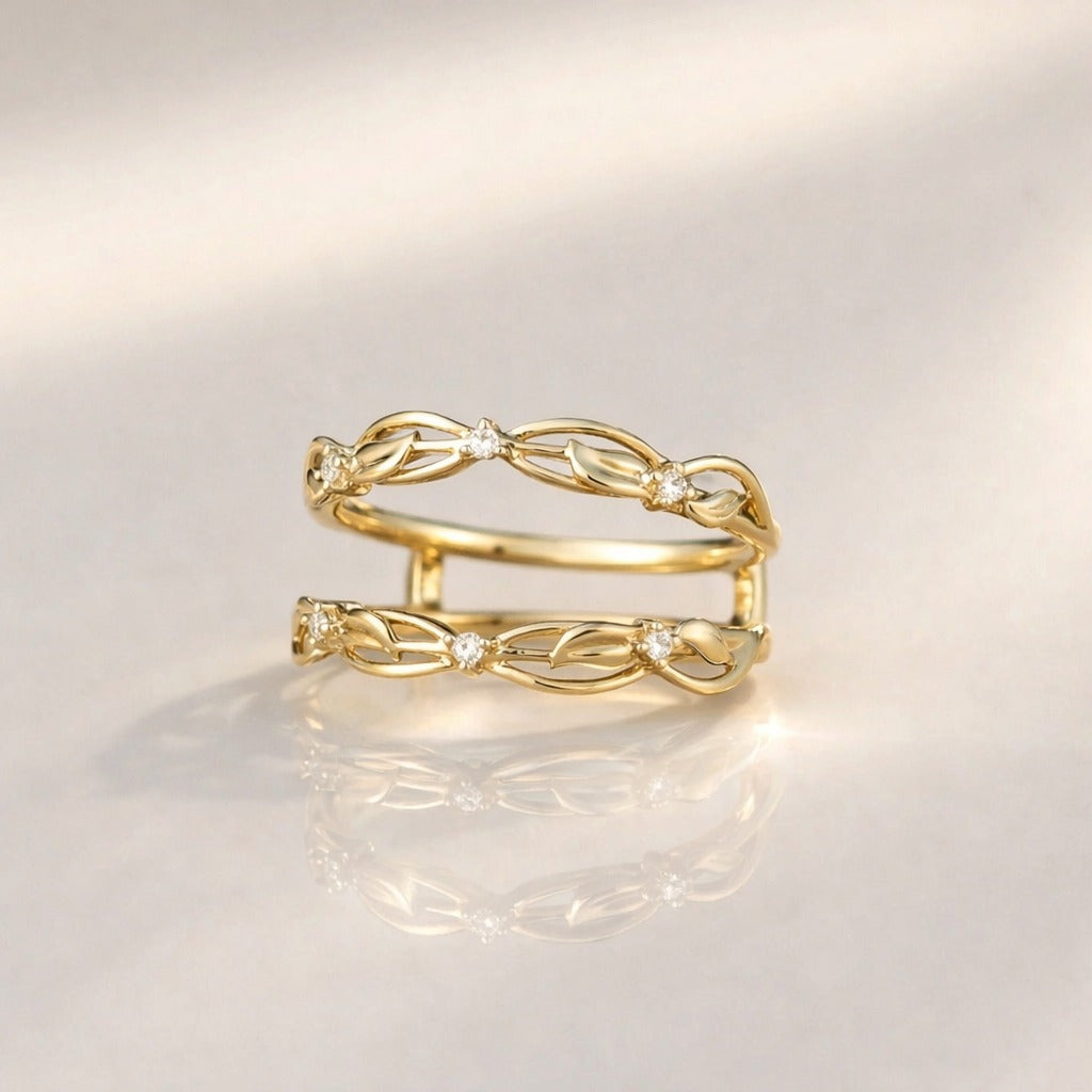 Yellow Gold Moissanite Wedding Band Enhancer With Leaf Inspired Detailing