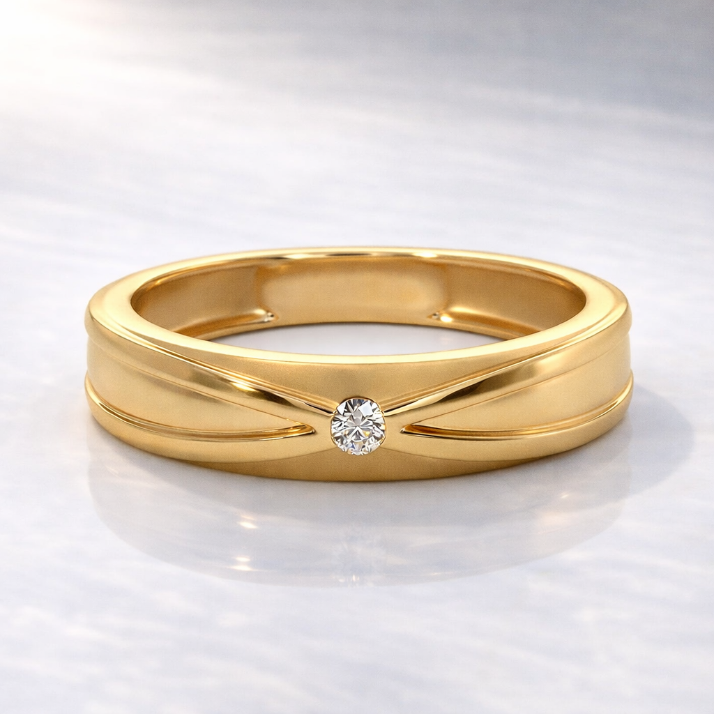 Diamond Wedding Band For Him In Yellow Gold With Flush Set Round Cut Diamond
