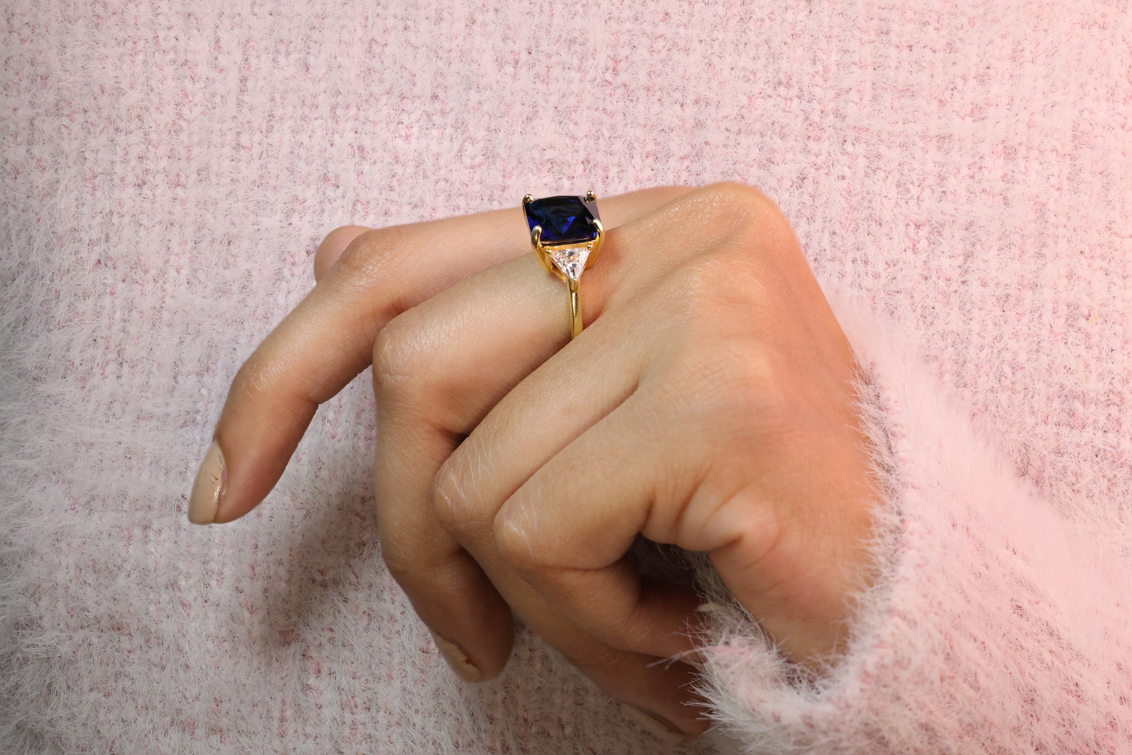 Princess Cut Sapphire Ring 2 Trillion Side Stones Lab Grown Diamond Diiro.