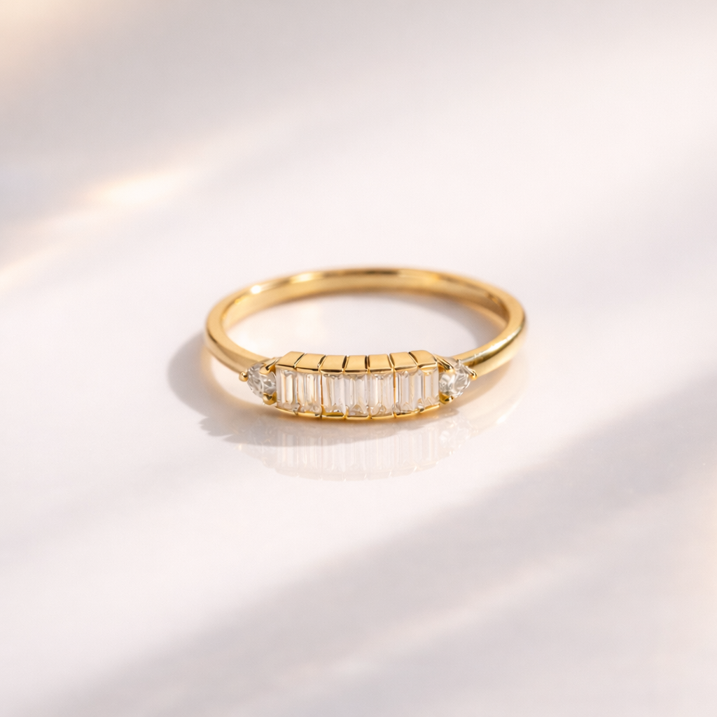 Round And Baguette Diamond Wedding Band In Yellow Gold
