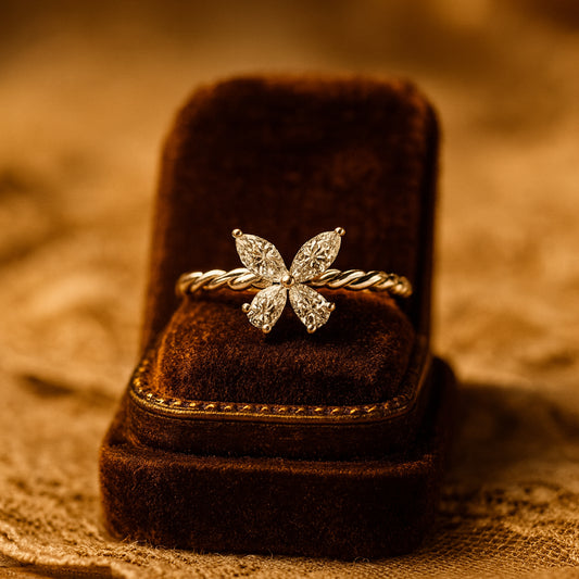 Elegant Twisted Band Moissanite Butterfly Ring In 14K Gold, A Luxury Diamond Alternative With Brilliant Sparkle And Shine.
