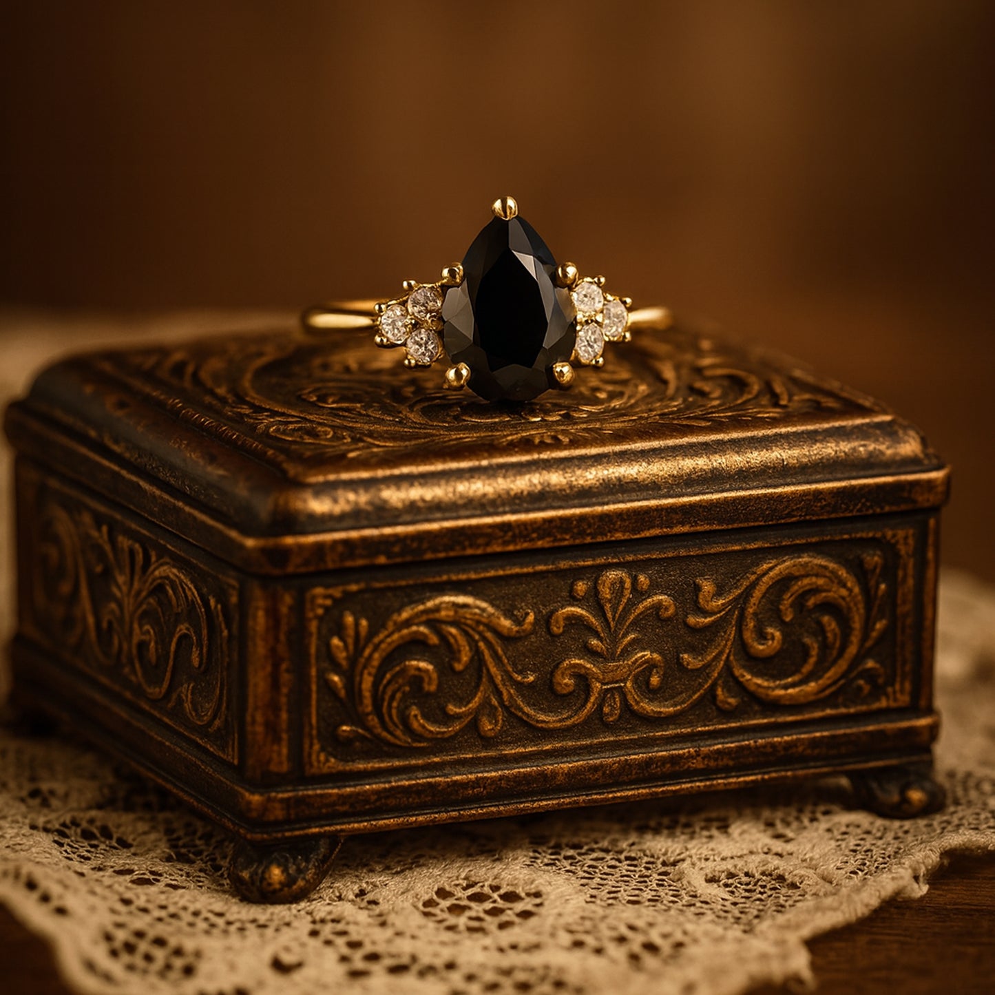 VVS1 Clarity Pear Black Moissanite Engagement Ring Round Diamond Cluster Setting Gothic Inspired
