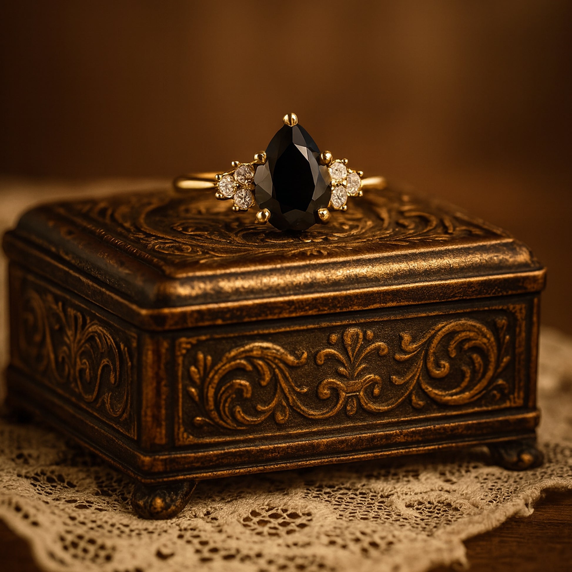 VVS1 Clarity Pear Black Moissanite Engagement Ring Round Diamond Cluster Setting Gothic Inspired
